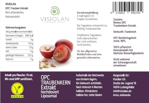 OPC TRAUBENKERN EXTRAKT hochdosiert, 15ml, LIPOSOMAL | Reich an natürlichen Polyphenolen | Reines OPC (mind. 99,5%) | Höchste Bioverfügbarkeit aus französischen Weintrauben