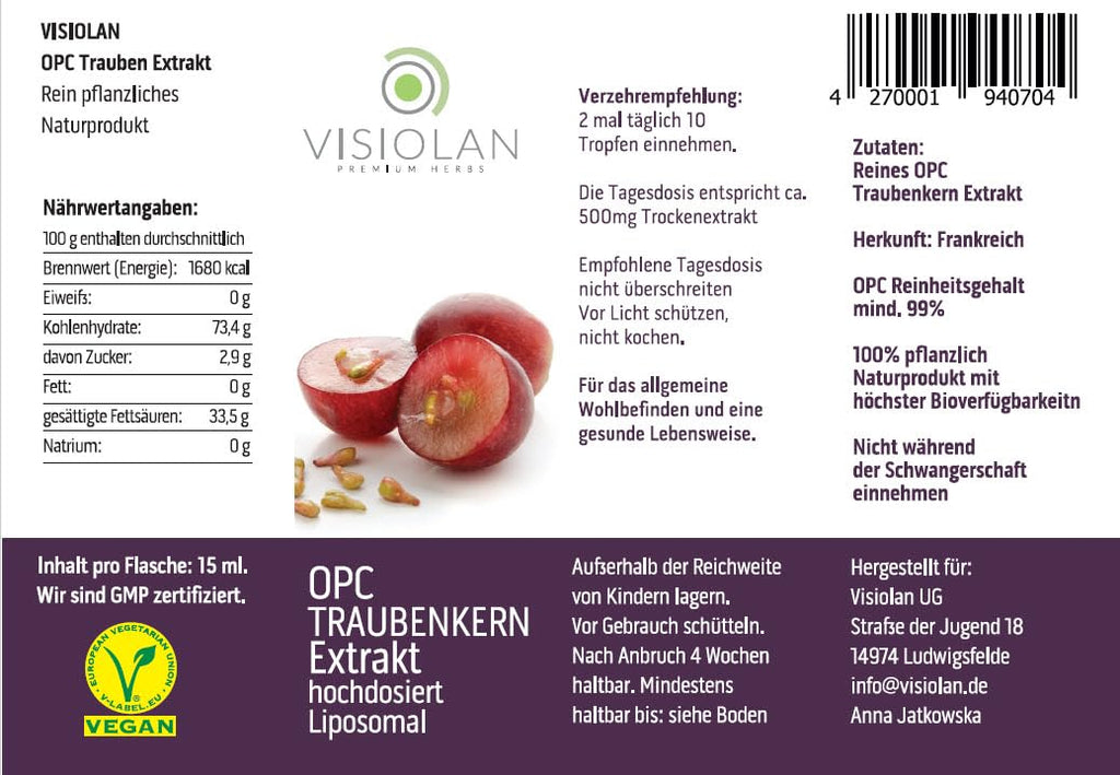 OPC TRAUBENKERN EXTRAKT hochdosiert, 15ml, LIPOSOMAL | Reich an natürlichen Polyphenolen | Reines OPC (mind. 99,5%) | Höchste Bioverfügbarkeit aus französischen Weintrauben