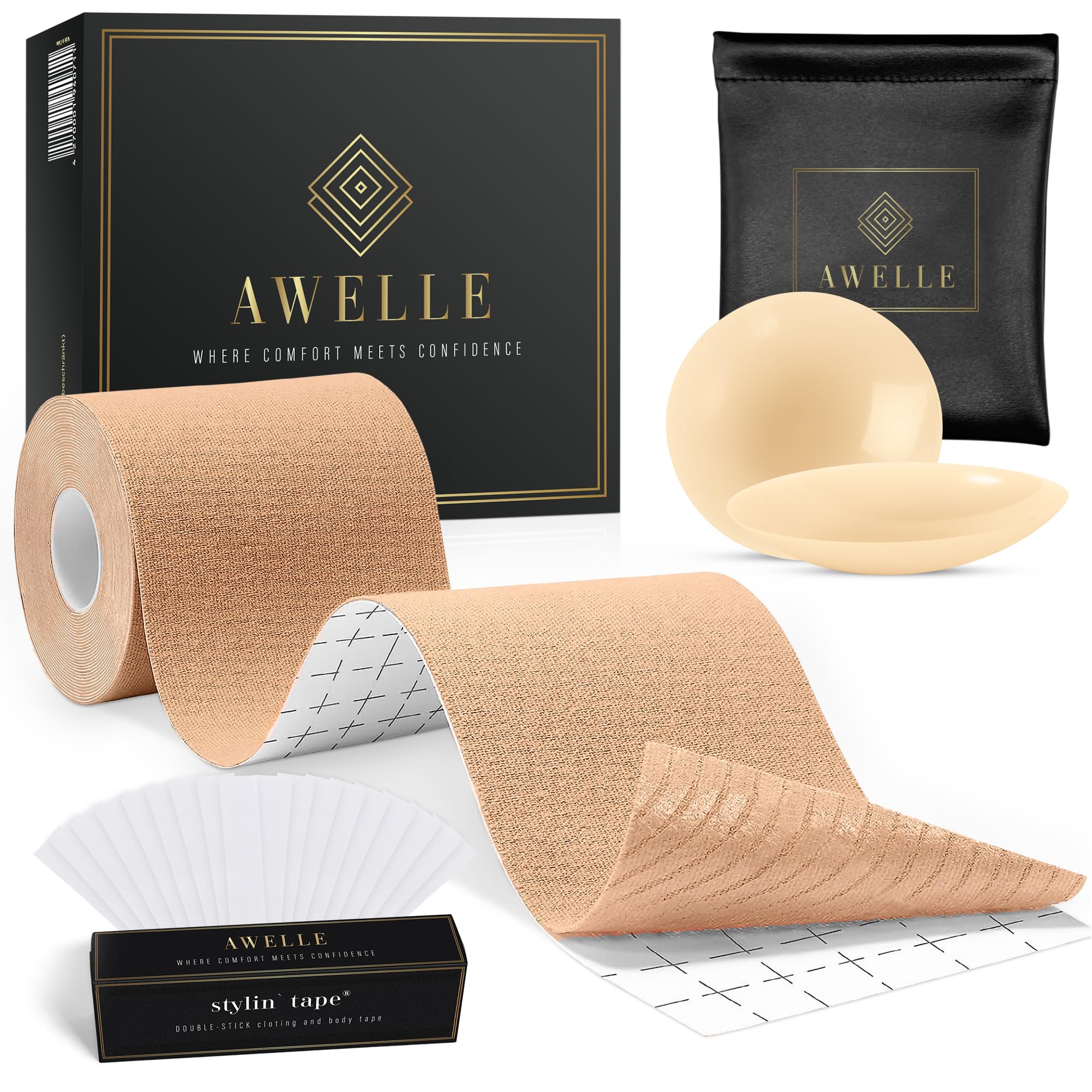 AWELLE Boob Tape Set - Rückenfreier Brust Tape mit super klebenden Nippelpads und 20 Fashion Tapes - Klebe BH auch für Grosse Brüste