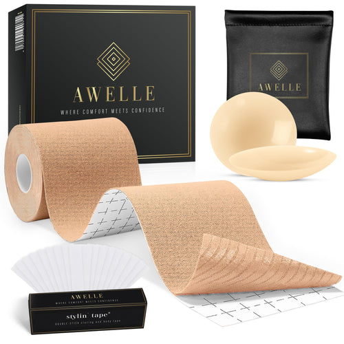 AWELLE Boob Tape Set - Rückenfreier Brust Tape mit super klebenden Nippelpads und 20 Fashion Tapes - Klebe BH auch für Grosse Brüste